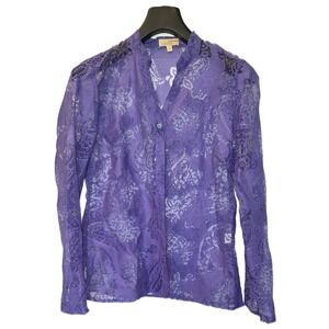 Choices Purple Burnout Paisley Button Down Shirt Mandarin Collar Sparkle Small
